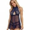 Dreamgirl International Stretch Lace And Mesh High Neck Babydoll With Matching Panty LINGERIE