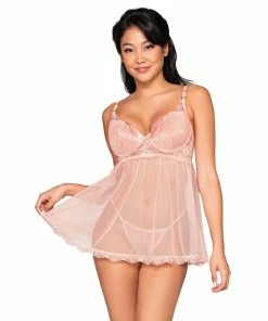 Dreamgirl International Stretch Lace Babydoll & G-String Set With Mesh Skirt Detail