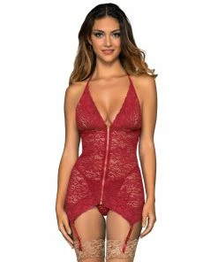 Dreamgirl International Stretch Lace Garter Slip & G-String Set With Halter Neck & Back Tie Closure