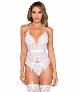 Dreamgirl International Stretch Lace Halter Bustier & G-String Set With Pearl Trim