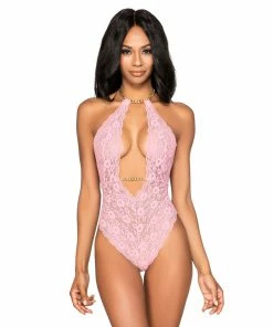 Dreamgirl International What's New Stretch Lace Halter Teddy & Collar With Removable Chains
