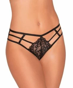 Dreamgirl International Stretch Lace Open Crotch Thong With Stretch Lace Waistband