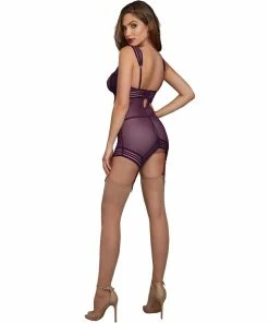 Dreamgirl International Stretch Mesh And Lace Garter Slip With Sheer Stripped Elastic Details LINGERIE