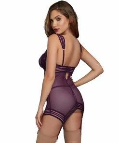 Dreamgirl International Stretch Mesh And Lace Garter Slip With Sheer Stripped Elastic Details LINGERIE