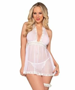 Dreamgirl International Stretch Mesh Babydoll & G-String Set With Venise Lace Embroidery