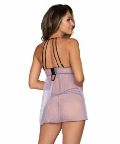 Dreamgirl International Stretch Mesh Embroidered Babydoll & G-String Set With Adjustable Halter Neck