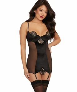 Dreamgirl International Stretch Velvet & Mesh Garter Slip With Art Deco Inspired Sequin Embroidery Applique Garter Slips