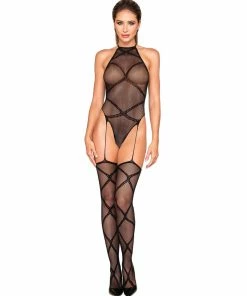 Dreamgirl International Tie Back Fishnet Garter Teddy Bodystocking With Halter Neckline What's New