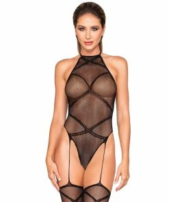 Dreamgirl International Tie Back Fishnet Garter Teddy Bodystocking With Halter Neckline What's New