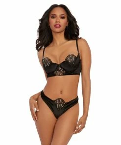 Dreamgirl International Stretch Velvet Bra & G-String Set With Art Deco Inspired Sequin Embroidery Applique