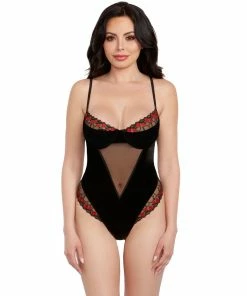 Dreamgirl International Bodysuits & Teddies Stretch Velvet Garter Teddy With Red Flower Detail & Attached Tie-Back Garters